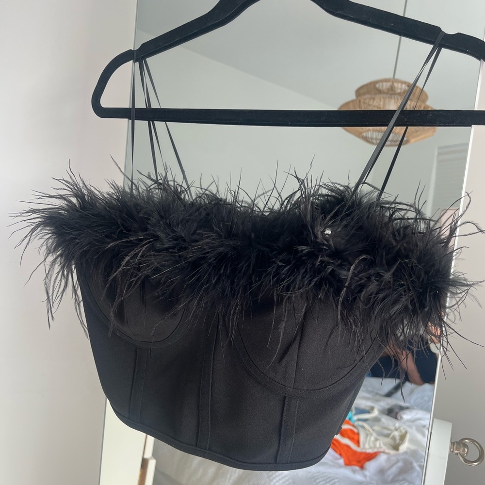 Black Feather Trim Bustier Crop Top